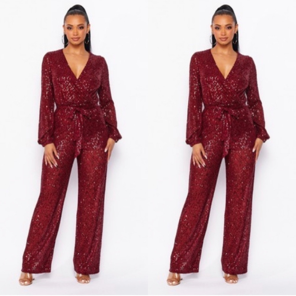 #70 Radiant Burgundy Sequin Jumpsuit - Picture 2 of 8